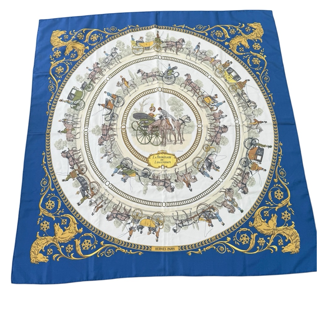 Authentic Herms Carre Blue Vintage La Promenade De Longchamps Silk Scarf 90